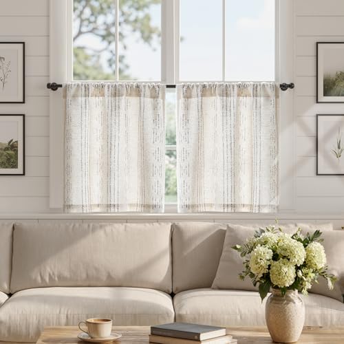 jinchan Boho Linen Kitchen Curtains 24 Inch Bohemian Geometric Striped Small Window Curtains Light Filtering Farmhouse Country Rustic for Bathroom Living Room RV 2 Panels Grey - color: Privacy | Grey on Beige, size: 25"W x 24"L (Pack of 2)