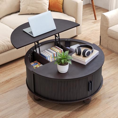 Round Lift Top Coffee Table with Storage, Fluted Circle Coffee Table,Black | 33.5" Mid Century Modern Lift Top Coffee Table with Sliding Door & Solid Wood Legs, Circle Round Center Table for Living Room - color: Black, size: 33.5"D x33.5"W x 15.74"H