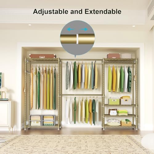 E1 Heavy Duty Closet Garment Rack, 6 Tiers Adjustable Clothing Storage | Metal Gold Freestanding Expandable Closets with 4 Hanger Rods, Easy-to-Assemble Wardrobe - color: Gold