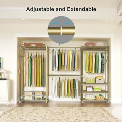 E1 Heavy Duty Closet Garment Rack, 6 Tiers Adjustable Clothing Storage | Metal Gold Freestanding Expandable Closets with 4 Hanger Rods, Easy-to-Assemble Wardrobe - color: Gold