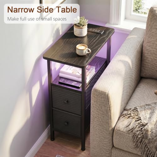 Narrow End Table with Charging Station, Small Nightstand | Skinny Side Tables Living Room with 2 Fabric Drawers, Bedside Table with LED Lights for Bedroom, Small Spaces, Black - color: Black, size: 23.22''H (2 Drawers), style: Power + Light