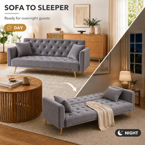Anwick 72''Modern Velvet Sofa Bed Futon,Convertible Folding Sleeper Couches with 3 Adjustable Backrests,Tufted Recliner Loveseat with Golden Chrome Legs for Living Room Apartment Office (Dark Grey) - color: Dark Grey