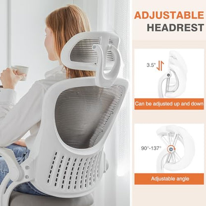 Sweetcrispy Computer Desk Chair, Mesh Office Chair with Lumbar Support | Ergonomic High-Back, Rolling Work, Adjustable Headrests, Flip-up Arms, Home Bedroom Study, Grey - color: Grey, style: Flip-up Armrest