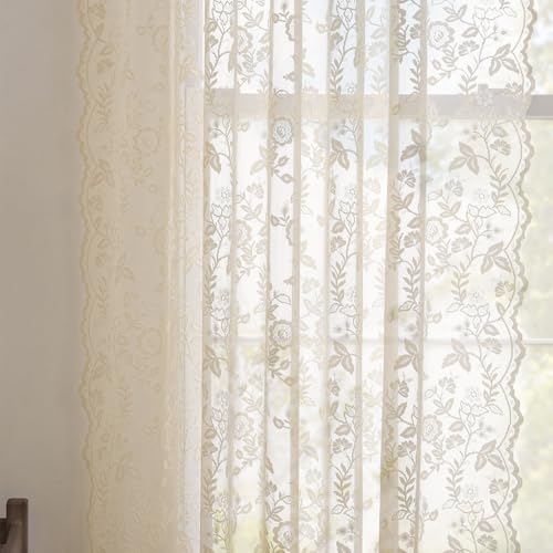 FINECITY Beige Lace Curtains Rustic Leaf Floral 42 x 84 Inch, 2 Panels | Rod Pocket, Airy Knit Settles, Rays Muted, Earthy Tone Fits Country Style, Standard Fall Frames Windows, Privacy - color: Beige, size: 42"W x 84"L (Pack of 2)