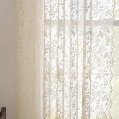 FINECITY Beige Lace Curtains Rustic Leaf Floral 42 x 84 Inch, 2 Panels | Rod Pocket, Airy Knit Settles, Rays Muted, Earthy Tone Fits Country Style, Standard Fall Frames Windows, Privacy - color: Beige, size: 42"W x 84"L (Pack of 2)
