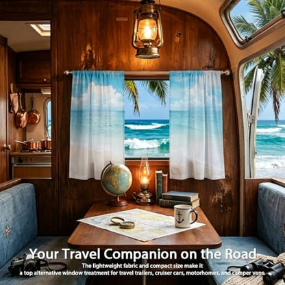 zokyer Coastal Kitchen Curtains, Beach Theme, 27.5" W x 39" L, Rod Pocket | 2 Panels, Hawaiian Tropical Nautical Seascape, S-ummer Blue Sea Sky Ocean Landscape, Sand Short Window Drapes Tiers Decor - size: 27.5"W x 39"L (Pack of 2)