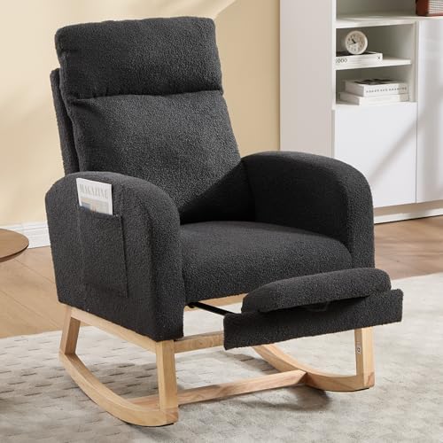 Rocking Chair Nursing, Rocker Chair with Footrest (Grey) | Teddy Boucle Upholstered Accent Reading Chair with High Back & Side Pocket for Living Room Bedroom Nursery Office - color: Grey