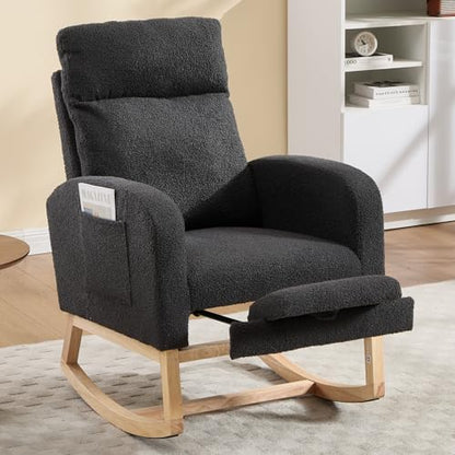 Rocking Chair Nursing, Rocker Chair with Footrest (Grey) | Teddy Boucle Upholstered Accent Reading Chair with High Back & Side Pocket for Living Room Bedroom Nursery Office - color: Grey