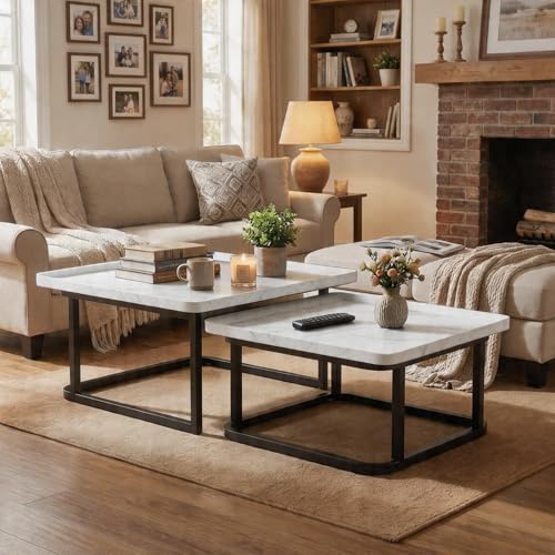 Nesting Coffee Table Set of 2 – Square Small Coffee Tables for Living Room, Bedroom, Balcony, Versatile End Table Set,Space Saving Mid Century Modern Nesting Coffee Tables Stackable, - color: White