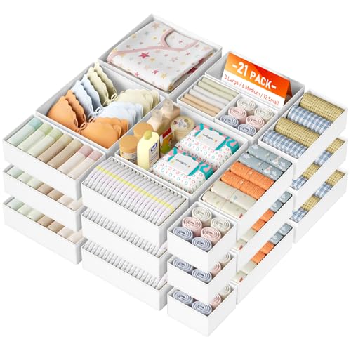 DIMJ Drawer Organizer Clothes, 28 Pack Dresser Organizer, Foldable Closet Organizers and Storage, Fabric Dresser Bins, Drawer Dividers for Nursery, Baby Clothes, Underwears - color: White, size: 21 Pack