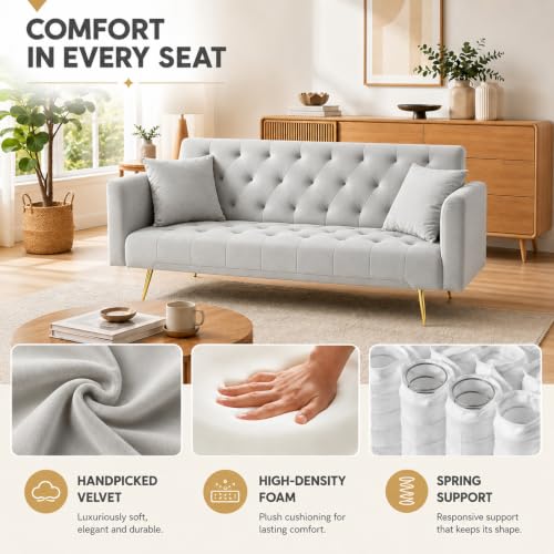 Anwick 72''Modern Velvet Sofa Bed Futon,Convertible Folding Sleeper Couches with 3 Adjustable Backrests,Tufted Recliner Loveseat with Golden Chrome Legs for Living Room Apartment Office (Grey) - color: Grey