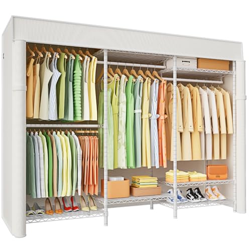 E13C Heavy Duty Closet Organizer System，Freestanding Clothing Racks for Hanging Clothes，Adjustable Garment Rack 63" W x 16" D x 77" H Hold 960 lbs，White Clothing Rack with White Dustproof Cover - color: White Rack with White Cover, size: E13C