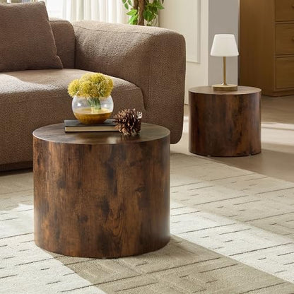 Round Nesting Coffee Table Set of 2 Living Room, No Assembly | Modern Wooden Center Tables, Tea Table for Apartment, Small Circle Accent End Table Set, Dark Brown - color: A-dark Brown