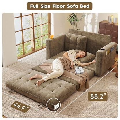 55" Convertible Folding Sofa Bed, Pull Out Couch Love Seat Sleeper Bed, Small Fold Out Loveseat sleeper with Cup Holder and Pillow for Small Space, Bedroom Lounge, Dorm, Living Room(Brown Chenille) - color: Brown
