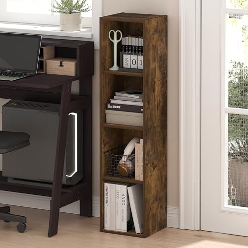 Furinno Fulda Book Shelf, 4-Tier Narrow Bookshelf, Standing Bookcase with 10-in Width Storage Shelf, 9.3 x 9.8 x 41.6, for Organization and Storage, for Living Room, Bedroom, Home Office, Amber Pine - color: Amber Pine, size: 4-Tier, 10W