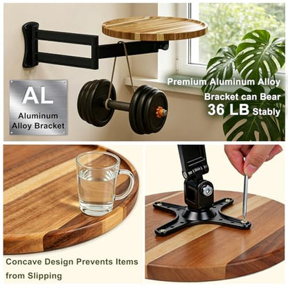 Wall Mounted Folding Table,11" Acacia Bedside Shelf Wall Mount Floating Wall Desk with 36 LBS Capacity for Small Spaces,Round Wood Tabletop with 720° Rotatable Aluminum Alloy Brackets