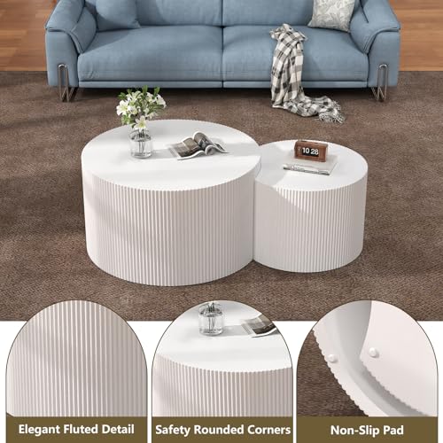 Nesting Coffee Table Set of 2, White 27.5" Round Coffee Table | Wood Fluted Design with Non-Slip Pad, Modern End Table Side Tables for Living Room Bedroom Balcony Yard - color: White 27.5"