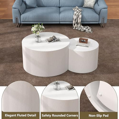Nesting Coffee Table Set of 2, White 27.5" Round Coffee Table | Wood Fluted Design with Non-Slip Pad, Modern End Table Side Tables for Living Room Bedroom Balcony Yard - color: White 27.5"