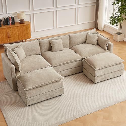 HIPIHOM Modular Sectional Sofa, 112.2 Inch U Shaped Couch Set with Armrests, 3-Seater Comfy Cloud Couches for Living Room Apartment, Coffee - color: Coffee, size: 112'' - U Shape