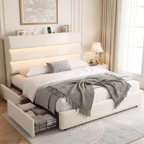Jocoevol Beige Full Size Bed Frame with 2 Storage Drawers & Headboard Shelf | Velvet Upholstered Platform Bed with LED Lights & Charging Station, Wooden Slats Support, No Box Spring Needed - color: Beige, size: Full