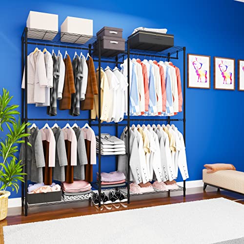 Heavy Duty Clothes Rack for Hanging Clothes, Metal Garment Rack，Large Capacity Portable Clothing Rack，Freestanding Open Wardrobe Organizer Rack, 67.0"L x 13.8"W x 75.6"H Max Load 720LBS, Black