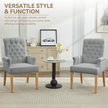 Dining Chair with Arms, Upholstered High Back Dining Room Chairs, Grey | Set of 2, Linen Fabric Dining Chairs, Tufted Armchair with Solid Wood Leg, Nailhead Trim, Comfortable Parson Kitchen Chairs - color: Light Grey, size: 2 PCS