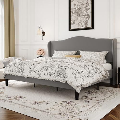 SHA CERLIN King Size Bed Frame with Curved Wingback Headboard, Soft Grey | Modern Luxury Design Velvet Platform Bed with Sturdy Wooden Slats,Noise-Free, No Box Spring Needed, Easy Assembly - color: Soft Grey, size: King