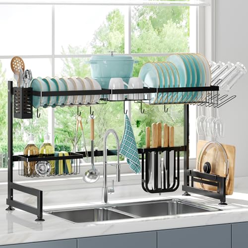 2 Tier Extra Large Stainless Steel Over The Sink Dish Drying Rack | Rust Proof Metal, Expandable Kitchen Sink Drainer, Counter Space Saving, Heavy Duty, Modern Black, Multifunctional Storage - color: Black, size: Over Sink 2 Tier