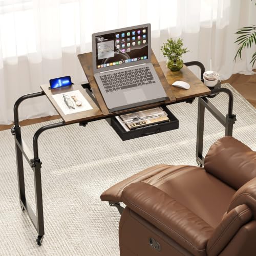 GiftGo Overbed Table with Wheels Rolling Laptop Desk Cart Table for Recliner Over Chair Adjustable for Hospital and Home Use Over The Bed Table with Storage Drawer and Cup Holder (Rustic Brown) - color: Rustic Brown