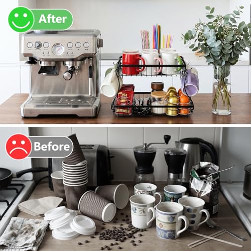 Coffee Mug Holder, Metal Cup Holder Rack with 2 Tier Storage Base, Coffee Mug Holder for Countertop Kitchen Storage Tea Kcup with 4 Hooks - color: 2-Tier (Wire Basket)