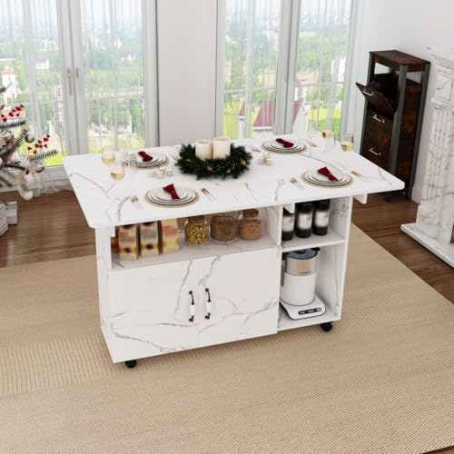 Folding Dining Table with Wheels, Drop Leaf Dinner Table with 2-Layer Storage, Space Saving Table for Small Spaces, Kitchen, Dining Room (White) - color: White
