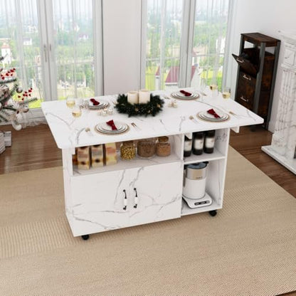 Folding Dining Table with Wheels, Drop Leaf Dinner Table with 2-Layer Storage, Space Saving Table for Small Spaces, Kitchen, Dining Room (White) - color: White