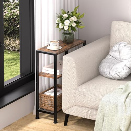 Narrow Side Table for Small Space, 2-Tier Small End Table with Shelf Holder, Slim Nightstand, Skinny Snack Couch Table in Living Room, Bedroom, Study, Kitchen and Balcony (Rustic Brown &Black) - color: Rustic Brown