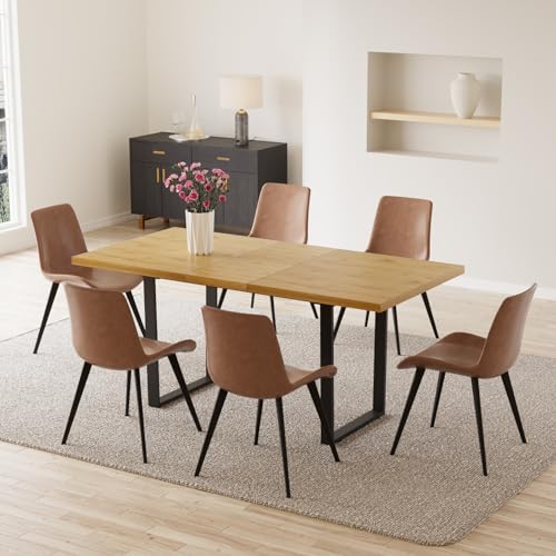 Mid-Century Extendable Dining Table Set, 51"-67", 6 Upholstered Chairs - color: Table With 6 Brown Chairs, size: 51"-67"