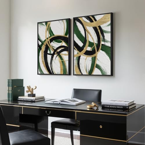 Framed Green Abstract Wall Art Set of 2 for Living Room, Large Green Gold and Black Canvas Artwork for Walls, Modern Luxury Painting Print for Bedroom Dining Room Office Hallway Wall Decor, 24x36 Inch - color: Green Black Gold, size: 24" W x 36" H x 2Pcs