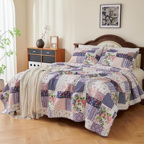 EVENHUG 100% Cotton Quilt Set King Size Floral Patchwork Bedding Sets with Pillow Shams Breathable Lightweight Bedspreads Coverlet for All Season 3 Piece (106"x96") - color: Purple, size: King