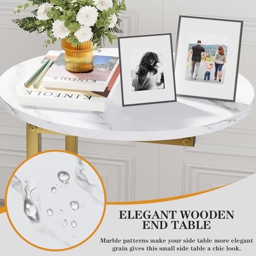 C Shaped End Table, Oval Couch Side Tables for Living Room, Sofa End Table with Metal Frame, Small Wooden Snack Table for Bedroom, Small Spaces, Easy Assembly, Gold - color: White Marble+gold