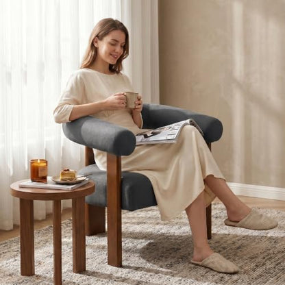 VKNOW Barrel Accent Chairs Set of 2 with Armrests and Walnut Wood Legs | Mid Century Modern Upholstered Living Room Chairs with Open Back, Faux Mohair Fabric, for Living Room, Bedroom, Charcoal - color: Charcoal(walnut Legs), size: Set of 2