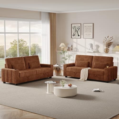 COPIAE Loveseat Sofa, Larger Couch Velvet Fabric with Storage, Charging Ports, Heightened Backrests, Removable Cover Modern Comfy Couches Easy Assembly for Living Room, 88 Inch Brown - color: Brown
