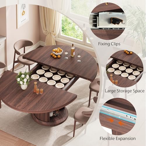 Jocoevol 47″–63″ Extendable Round Dining Table for 4–8 with Dust-Proof 2-Tier Storage Shelf Space Saving Expandable Wood Oval Circle Dinner Furniture with Pedestal Base (Brown) - color: Brown