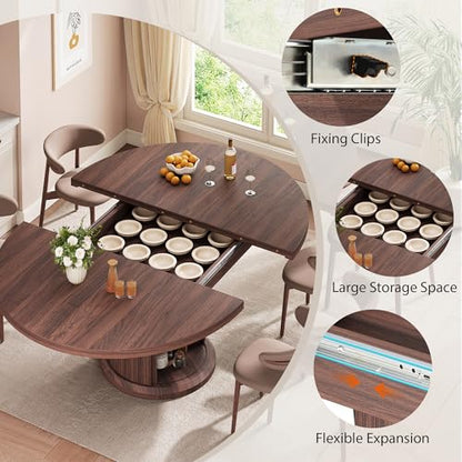 Jocoevol 47″–63″ Extendable Round Dining Table for 4–8 with Dust-Proof 2-Tier Storage Shelf Space Saving Expandable Wood Oval Circle Dinner Furniture with Pedestal Base (Brown) - color: Brown