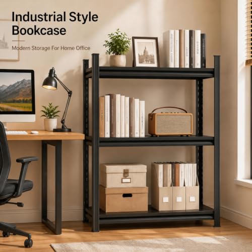 3 Shelf Bookcase, 32" W x 14" D x 32" H Narrow Metal Bookcase for Small Spaces, Black Small Bookshelf, Industrial Standing Storage Shelves for Living Room, Bedroom & Home Office - size: 3 Tier-32"Wx 14"Dx 32"H