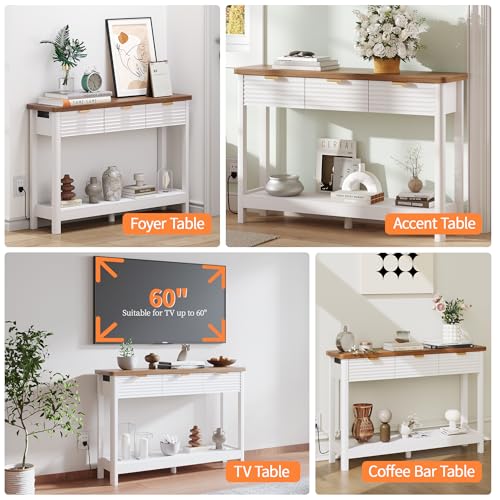 Fluted 47.2" Console Table with Outlets and USB C, Narrow Entryway Table with 3 Drawers, Modern Farmhouse Wood Sofa Table Behind Couch for Living Room, White & Walnut - color: Entryway Table-white