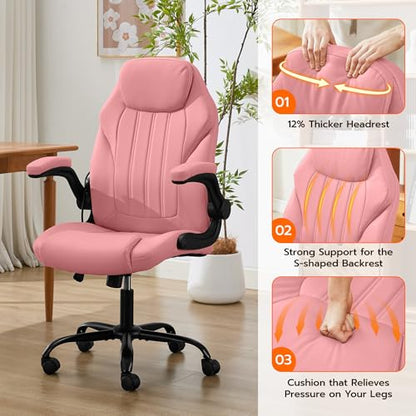 Ylzyxal Office Desk Chair, Ergonomic Computer Chair with Padded Flip-Up Arms and Adjustable Lumbar Support, PU Leather Executive Chair with Tilt Lock and 360° Swivel Rolling Wheels for Work, Study - color: Pink