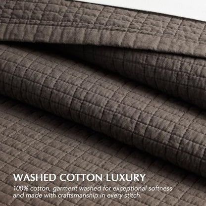 100% Cotton Modern Grid Stitch Quilt Set, Queen Size, Dark Brown | Pre-Washed Cotton Coverlet Bedspread, Oversized Lightweight 3-Piece Bedding Set for All Season, with 2 Pillow Shams - color: Dark Brown, size: Full/Queen (96" X 94")