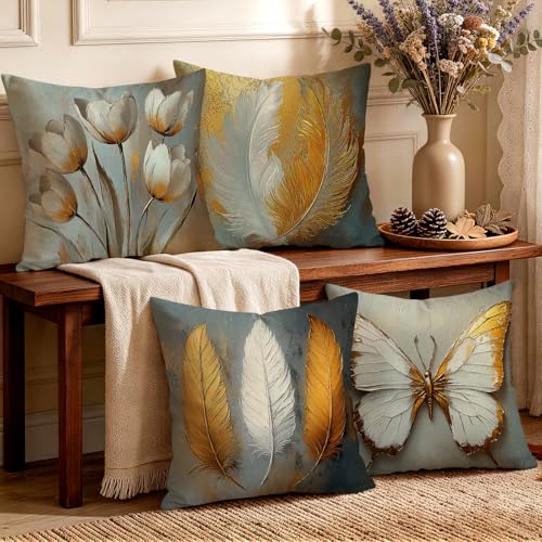 OBSEDE Boho Feather Butterfly Throw Pillow Covers 18 x 18 Inch Set of 4 | Faux Linen, Hidden Zipper, White Gold Artwork, Farmhouse Home Decor, Sofa Bedroom Couch Accent, Single Side, Fade Resistant - color: Bohemian Feather Butterfly Design, size: 18" x 1
