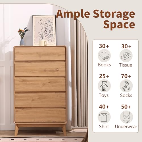 5 Drawers Tall Dresser, 50inch Mid Century Dresser, Nature | Kids Dresser, Tall Nightstand Storage Organizer for for Bedroom, Small Dresser Living Room, Console table for Entryway