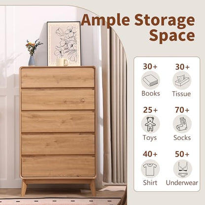 5 Drawers Tall Dresser, 50inch Mid Century Dresser, Nature | Kids Dresser, Tall Nightstand Storage Organizer for for Bedroom, Small Dresser Living Room, Console table for Entryway