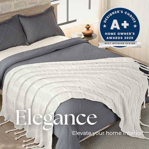 Boho Knitted Chenille Blanket with Tassels - Lightweight & Soft All-Season Throw - 3D Classic Pattern for Living Room Bedroom Couch, Cloud White, Queen 90"x90" - color: Cloud White, size: Queen