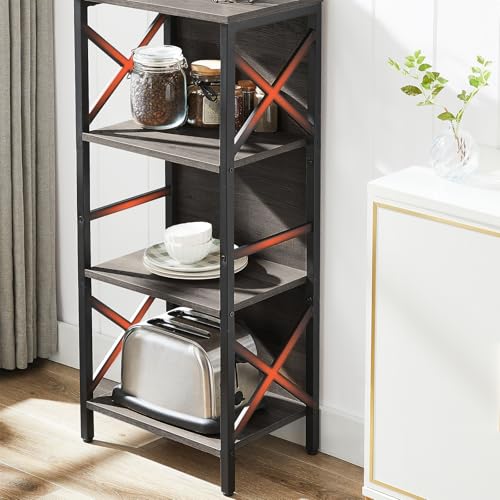 MNEETRUNG Small Bookshelf,4 Tier Industrial Bookcase with Metal Frame and Backboard,Narrow Rustic Gery Book Shelf,Book case for Small Spaces,Living Room,Bedroom and Home Office - color: Grey, size: 4-Tier (15.7"W x 11"D x 39.5"H)